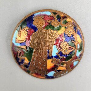 Antique Champleve Brooch Asian Geisha Enamel Copper Round Metal C Clasp